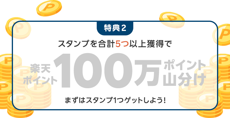 [未達成]特典2：スタンプを合計5つ以上獲得で楽天ポイント100万ポイント山分け まずはスタンプ1つゲットしよう！